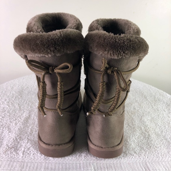 POP women’s memory foam mid calf faux fur lined pull on boots Sz 7M tie detail - Picture 5 of 7